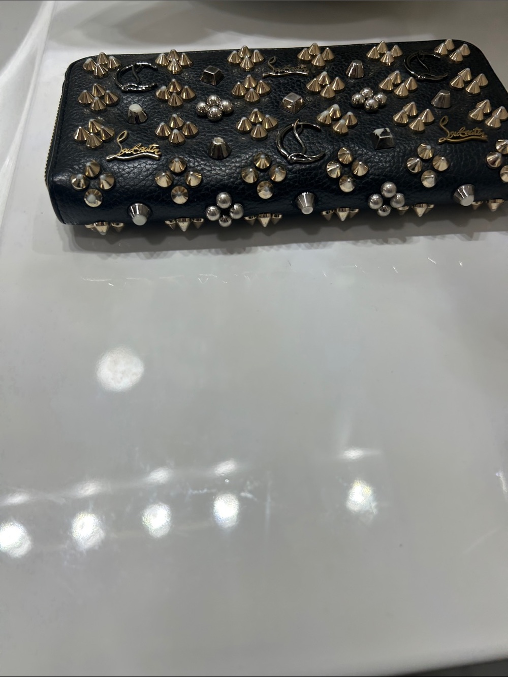 Christian Louboutin Black Leather Zip Around Wallet with Gold Studs Gorgeous - Picture 3 of 11